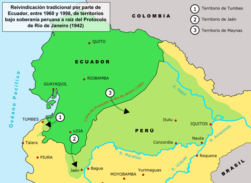 A térkép az ecuadori területi igényekről Peruval szemben (spanyolul)
