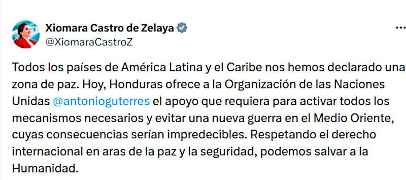 Xiomara Castro, a Celac elnöke felajánlotta támogatását az ENSZ-nek a béketeremtés érdekében