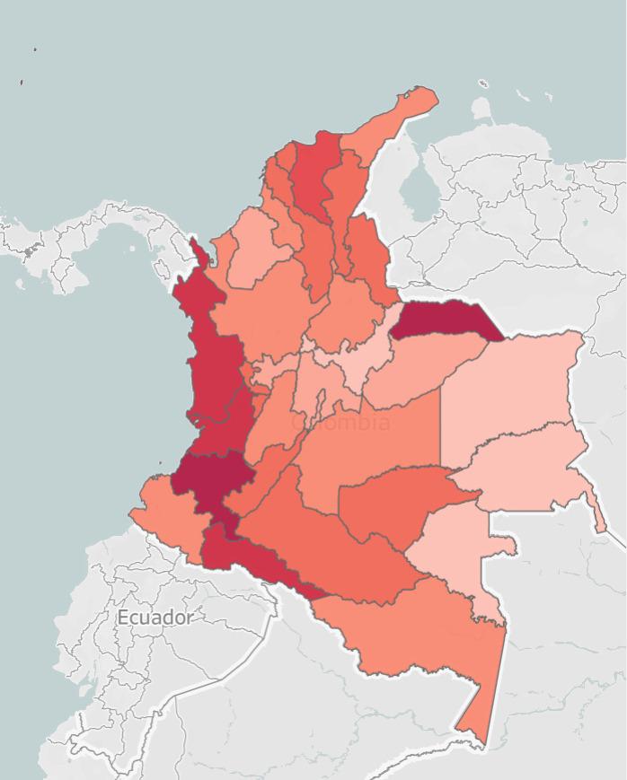 Továbbra is Kolumbiában az egyik legmagasabb az aktivisták meggyilkolásának aránya a világon. Az ország leginkább érintett területei sötétpiros színnel vannak jelölve