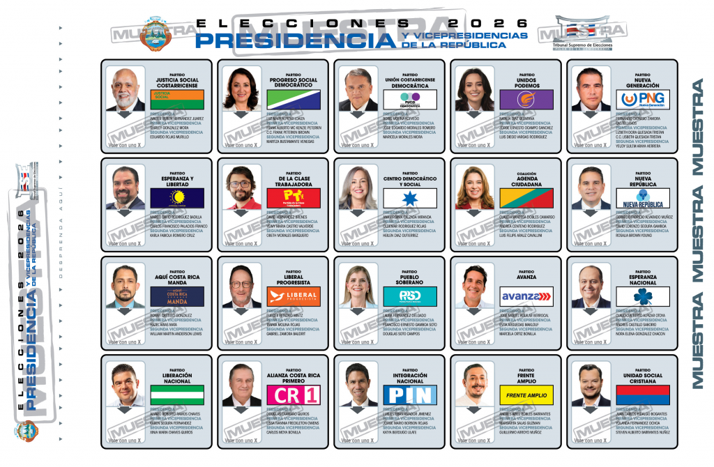 Szavazólap a 2026. február 1-jei costa ricai elnöki választásokra