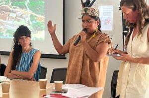 Jackeline Mendoza Díaz, a perui Amazonas-vidék őslakos vezetője, hozzászólása közben a „Az arany rejtett oldala: egy virágzó piac rejtett költségei” című webináriumon