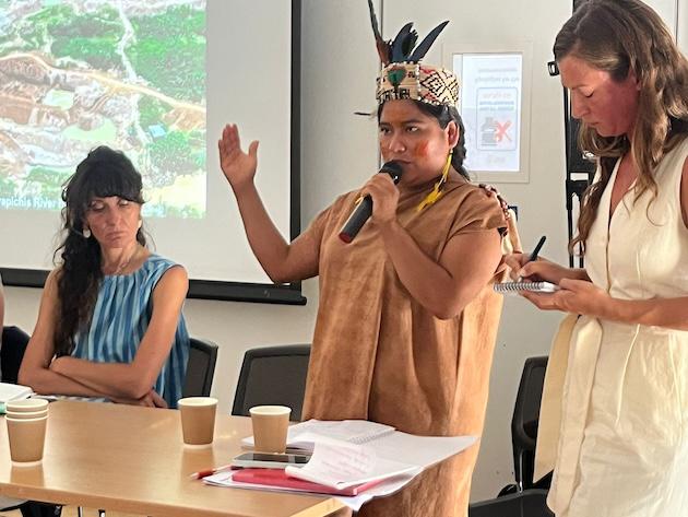 Jackeline Mendoza Díaz, a perui Amazonas-vidék őslakos vezetője, hozzászólása közben a „Az arany rejtett oldala: egy virágzó piac rejtett költségei” című webináriumon